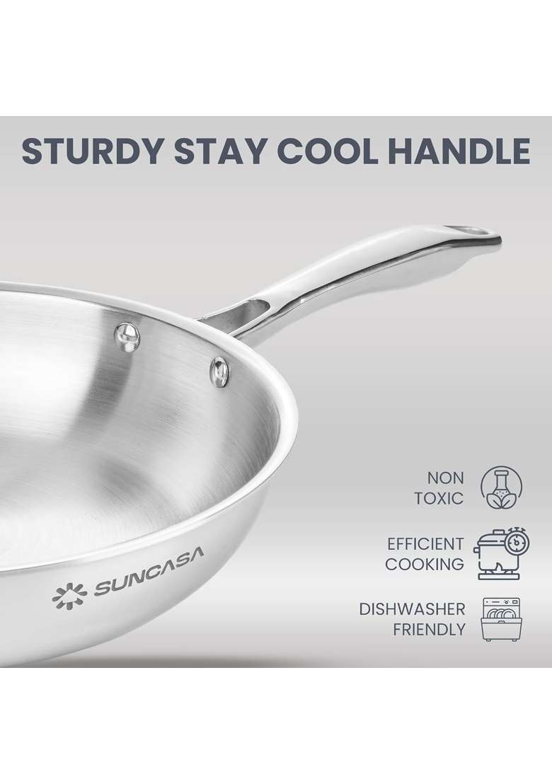 SUNCASA Trismart Stainless Steel Triply Frying Pan with Glass Lid | 20 cm | 7.9 Inch - Indya