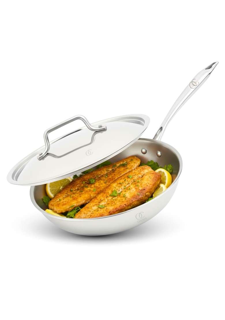 Omichef Triply Stainless Steel Frypan Frying Pan with Lid | 1 L | 1.1 Qt | 20 cm | 7.9 Inch | Induction Compatible | PFOA Free | Food Safe - Indya