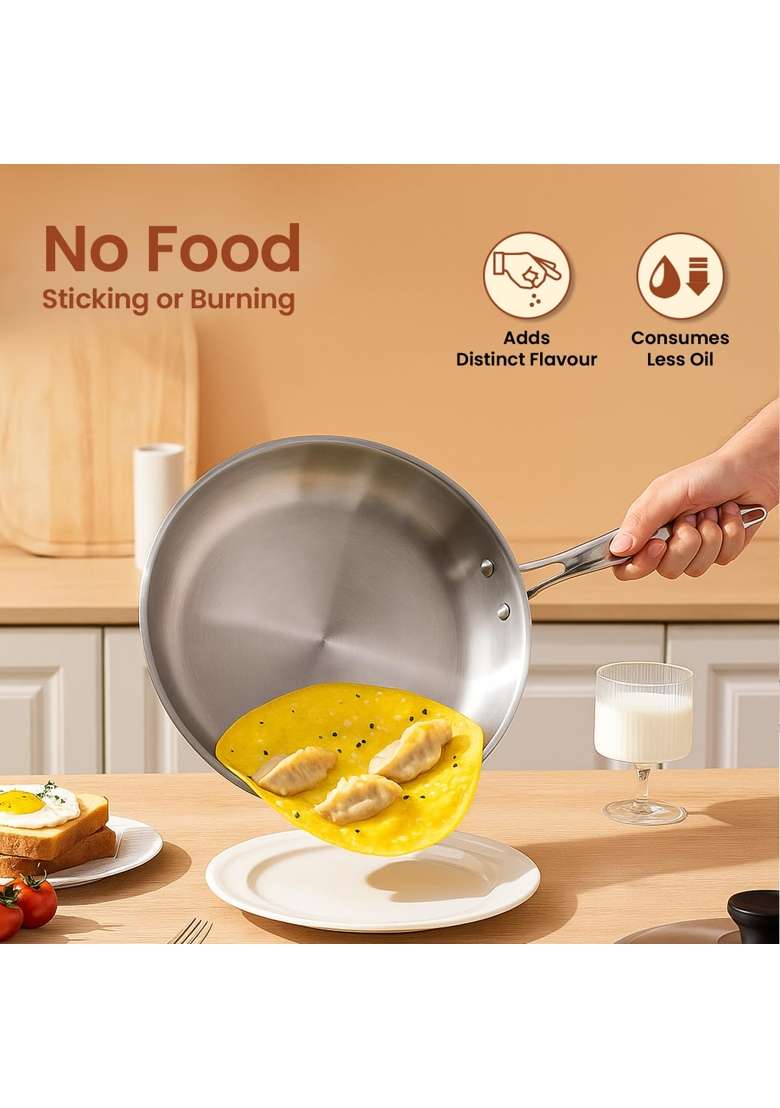 Omichef Triply Stainless Steel Frypan Frying Pan with Lid | 1 L | 1.1 Qt | 20 cm | 7.9 Inch | Induction Compatible | PFOA Free | Food Safe - Indya