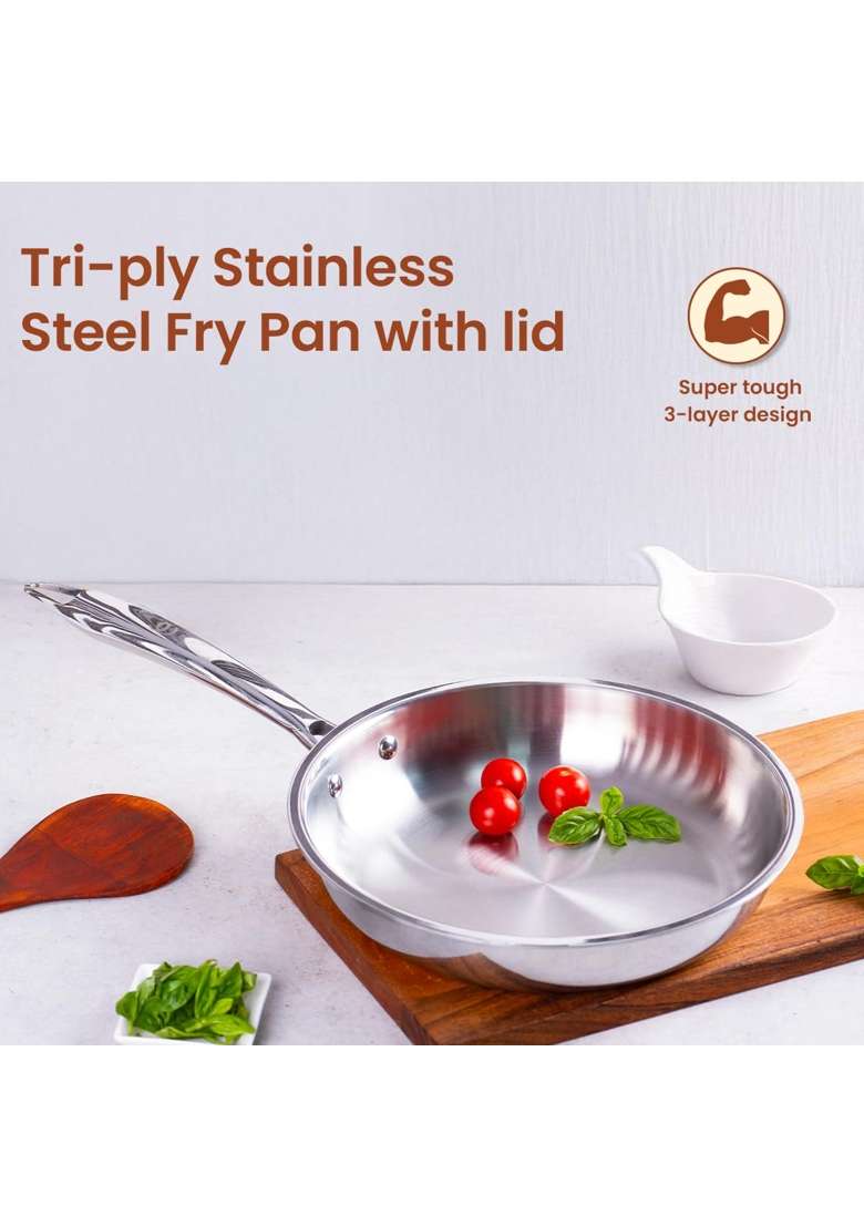 Omichef Triply Stainless Steel Frypan Frying Pan with Lid | 1 L | 1.1 Qt | 20 cm | 7.9 Inch | Induction Compatible | PFOA Free | Food Safe - Indya