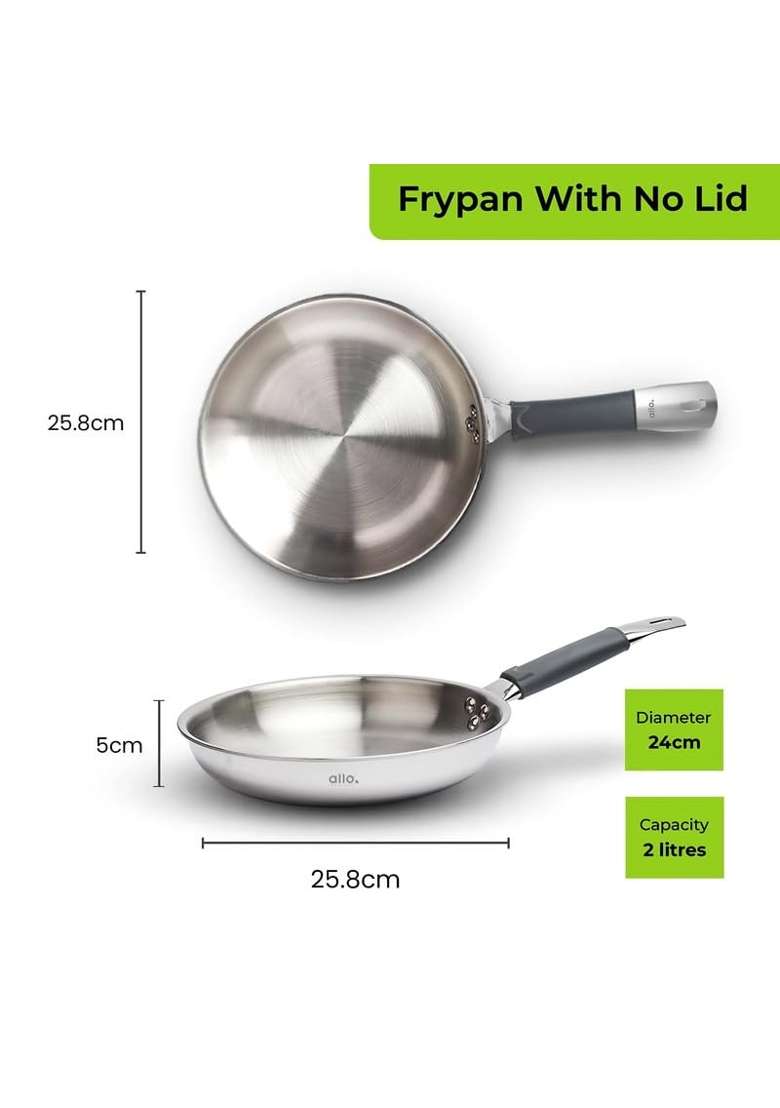 Allo Stainless Steel Triply Fry Pan Skillet | 2 L | 2.1 Qt | 24 cm | 9.4 Inch | Induction Compatible | Non-Stick - Indya
