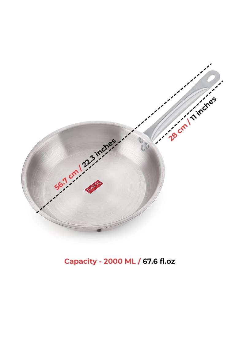 HAZEL Triply Stainless Steel Fry Pan with Steel Lid | 2 L | 2.1 Qt | 28 cm | 11 Inch | Induction Compatible - Indya
