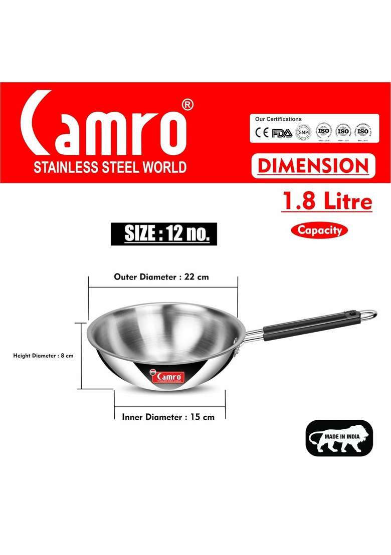 Camro Steel Camro Triply Artisian Deep Fry Pan Stainless Steel Induction Gas Compatible | 1.8 L | 1.9 Qt - Indya