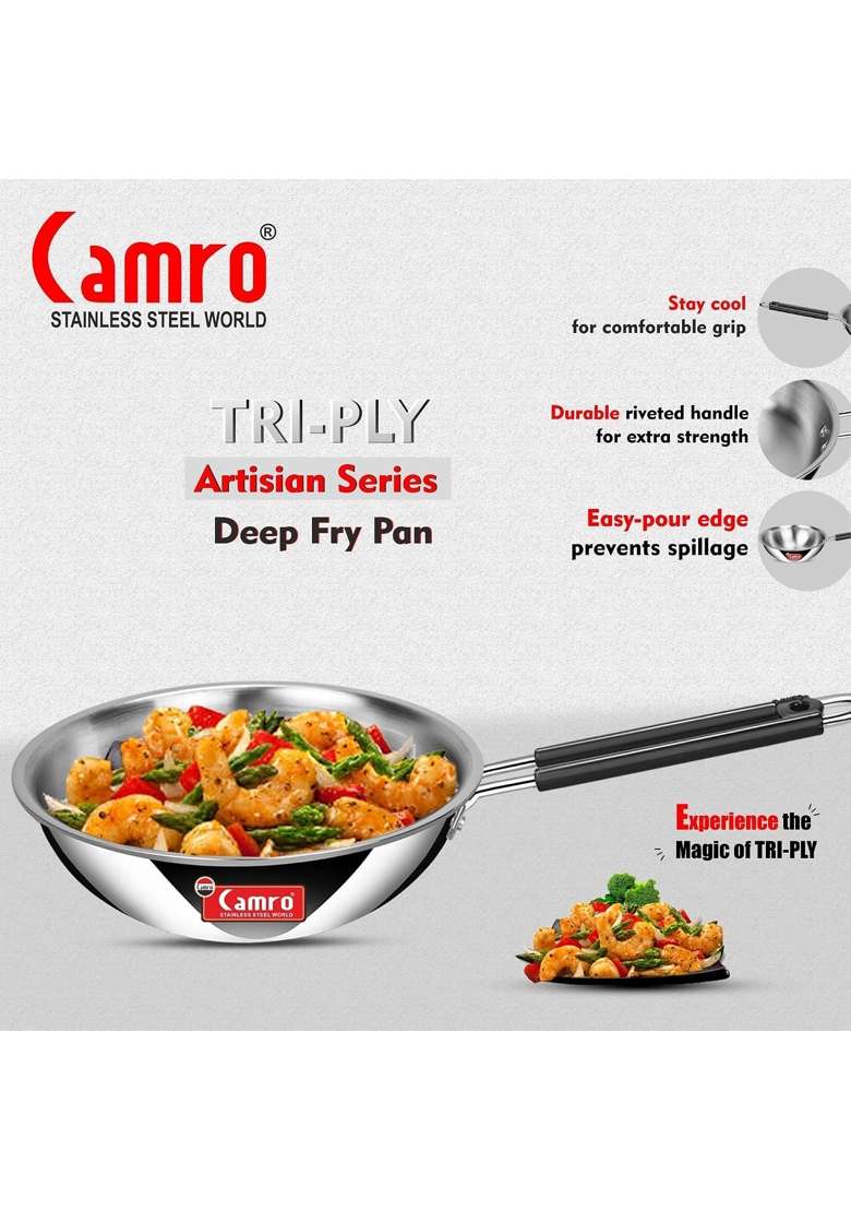 Camro Steel Camro Triply Artisian Deep Fry Pan Stainless Steel Induction Gas Compatible | 1.8 L | 1.9 Qt - Indya