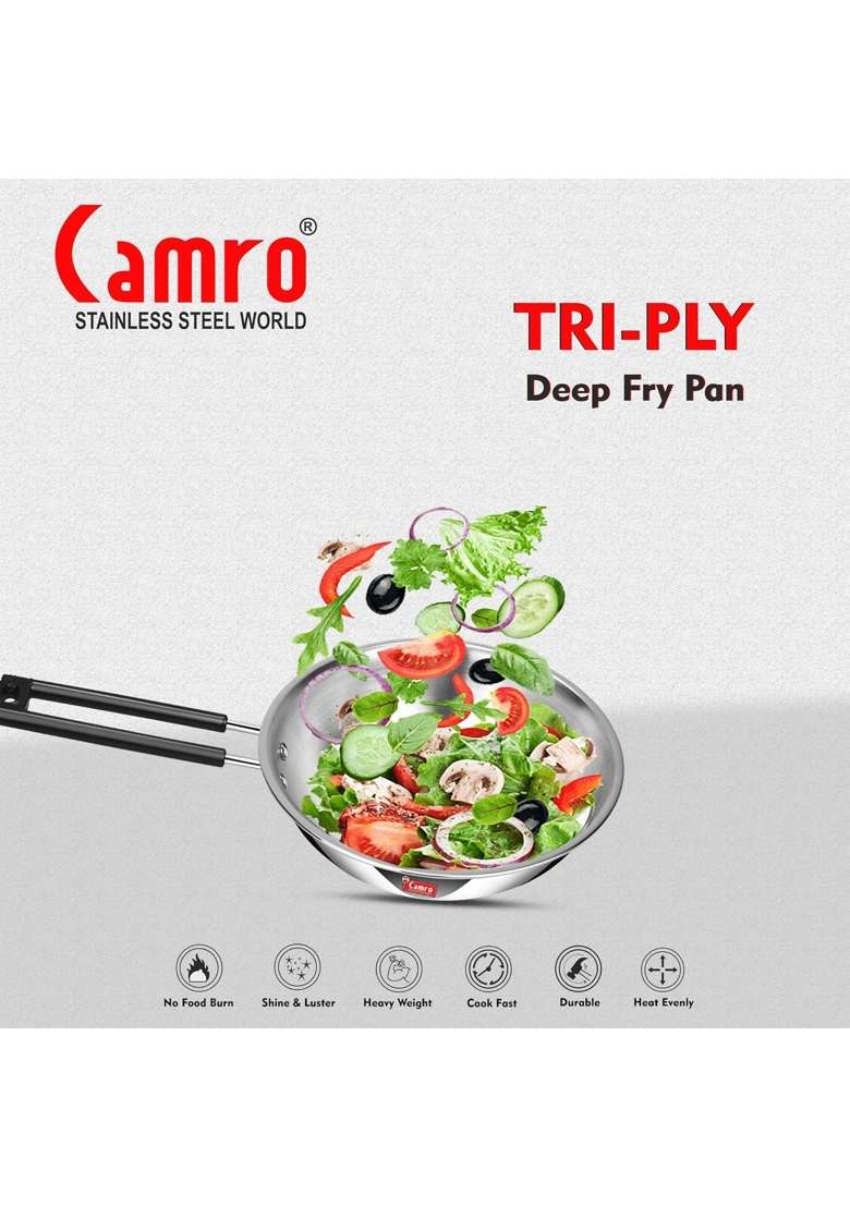 Camro Steel Camro Triply Artisian Deep Fry Pan Stainless Steel Induction Gas Compatible | 1.8 L | 1.9 Qt - Indya