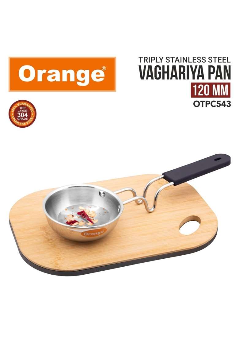 Orange Triply Stainless Steel Tadka Vaghariya Pan | 350 ml | 11.8 fl oz | 12 cm | 4.7 Inch | Induction Compatible - Indya