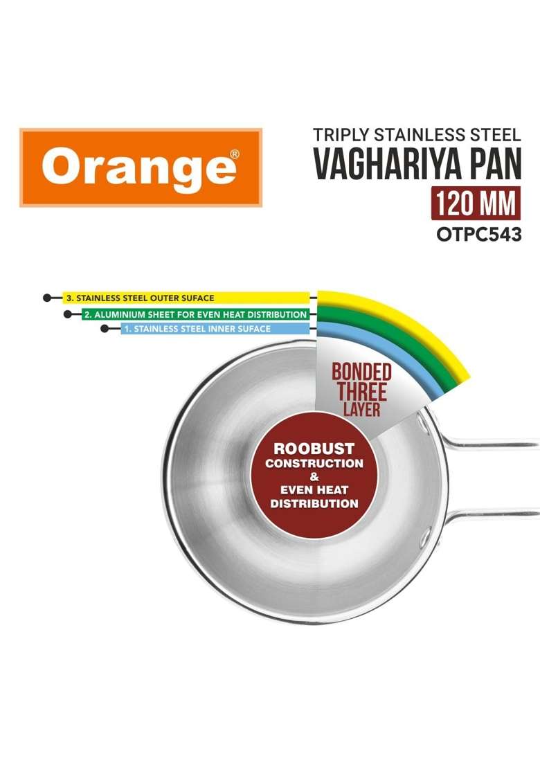Orange Triply Stainless Steel Tadka Vaghariya Pan | 350 ml | 11.8 fl oz | 12 cm | 4.7 Inch | Induction Compatible - Indya