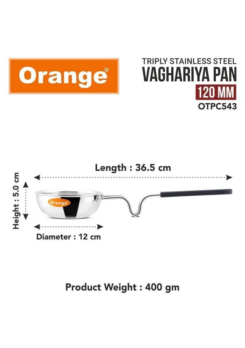 Orange Triply Stainless Steel Tadka Vaghariya Pan | 350 ml | 11.8 fl oz | 12 cm | 4.7 Inch | Induction Compatible - Indya
