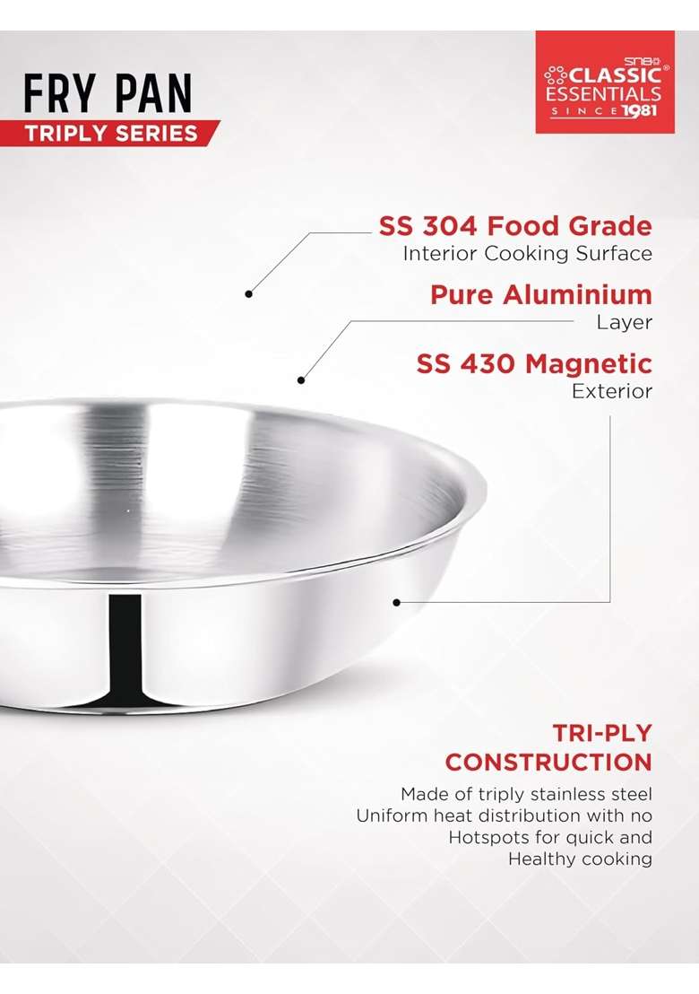 CLASSIC ESSENTIALS Triply Stainless Steel Fry Pan | 1.2 L | 1.3 Qt | 22 cm | 8.7 Inch | Induction Compatible | Heavy Bottom - Indya