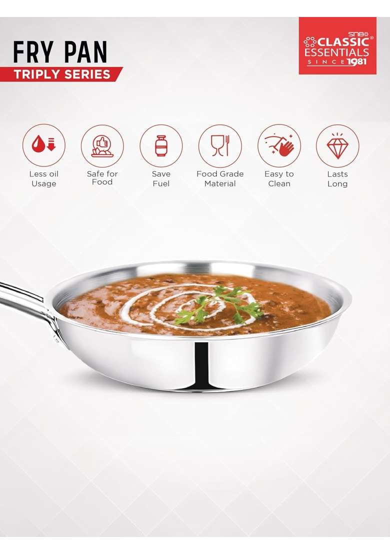 CLASSIC ESSENTIALS Triply Stainless Steel Fry Pan | 1.2 L | 1.3 Qt | 22 cm | 8.7 Inch | Induction Compatible | Heavy Bottom - Indya