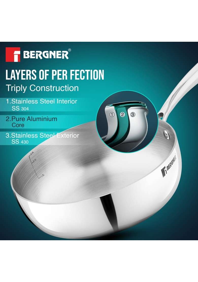 BERGNER Argent Saira Triply Stainless Steel | 2.5 L | 2.6 Qt | 22 cm | 8.7 Inch | Induction Compatible - Indya
