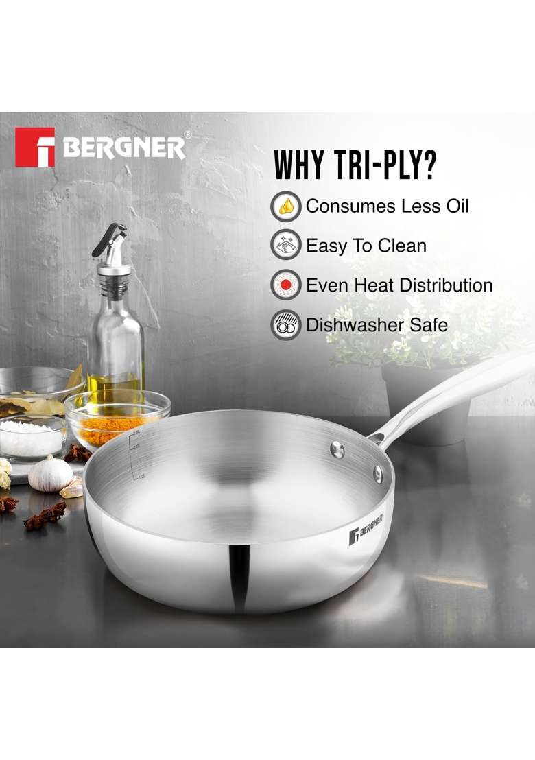 BERGNER Argent Saira Triply Stainless Steel | 2.5 L | 2.6 Qt | 22 cm | 8.7 Inch | Induction Compatible - Indya