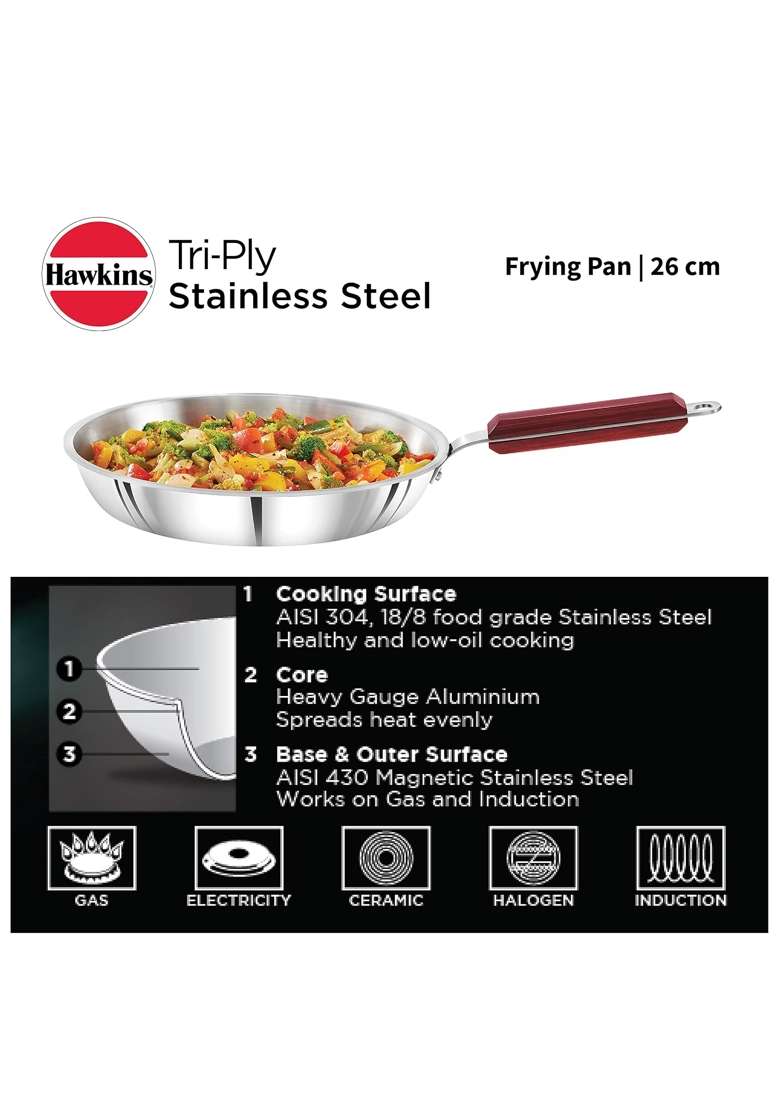 Hawkins - Ssf26 Tri-Ply Stainless Steel Frying Pan Tri-Ply Stainless Steel Deep-Fry Pan | 2.5 L | 2.6 Qt | 26 cm | 10.2 Inch | With Lid - Indya