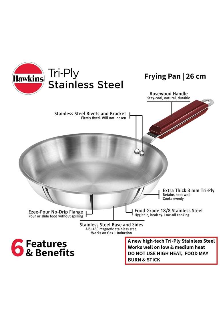 Hawkins - Ssf26 Tri-Ply Stainless Steel Frying Pan Tri-Ply Stainless Steel Deep-Fry Pan | 2.5 L | 2.6 Qt | 26 cm | 10.2 Inch | With Lid - Indya