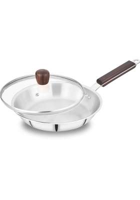 Chakmak Iroko Triply Stainless Steel Fry Pan with Glass Lid | 1.8 L | 1.9 Qt | 26 cm | 10.2 Inch | Induction Compatible