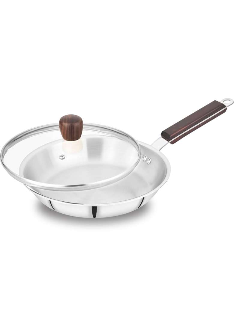 Chakmak Iroko Triply Stainless Steel Fry Pan with Glass Lid | 1.8 L | 1.9 Qt | 26 cm | 10.2 Inch | Induction Compatible - Indya