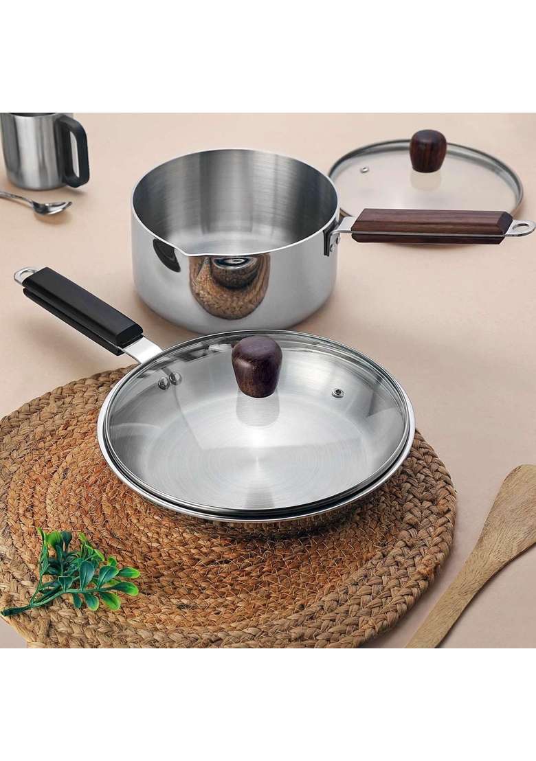 Chakmak Iroko Triply Stainless Steel Fry Pan with Glass Lid | 1.8 L | 1.9 Qt | 26 cm | 10.2 Inch | Induction Compatible - Indya