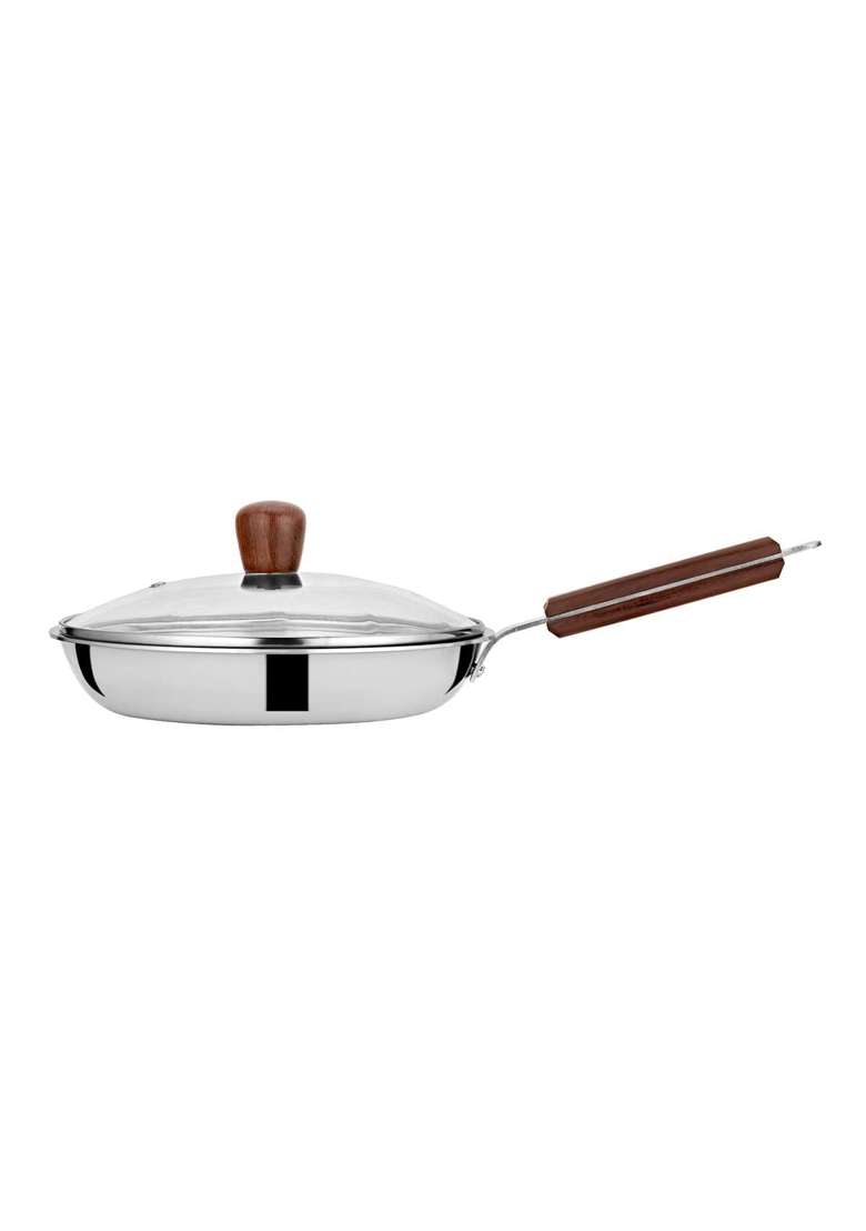 Chakmak Iroko Triply Stainless Steel Fry Pan with Glass Lid | 1.8 L | 1.9 Qt | 26 cm | 10.2 Inch | Induction Compatible - Indya
