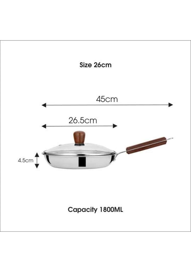 Chakmak Iroko Triply Stainless Steel Fry Pan with Glass Lid | 1.8 L | 1.9 Qt | 26 cm | 10.2 Inch | Induction Compatible - Indya