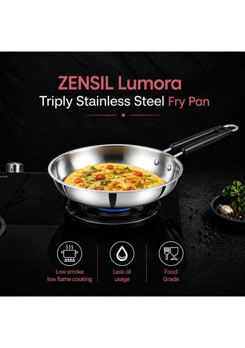 ZENSIL Triply Stainless Steel Fry Pan | 1.8 L | 1.9 Qt | 26 cm | 10.2 Inch | Heavy Bottom | Non-Toxic - Indya