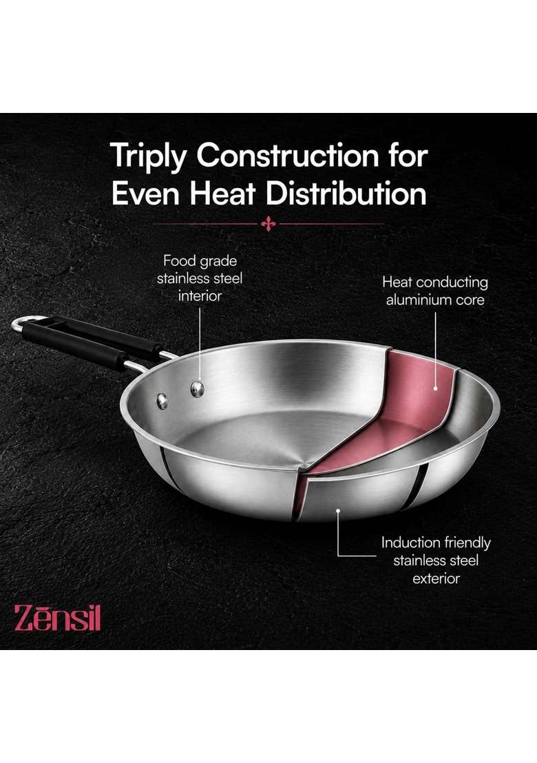 ZENSIL Triply Stainless Steel Fry Pan | 1.8 L | 1.9 Qt | 26 cm | 10.2 Inch | Heavy Bottom | Non-Toxic - Indya