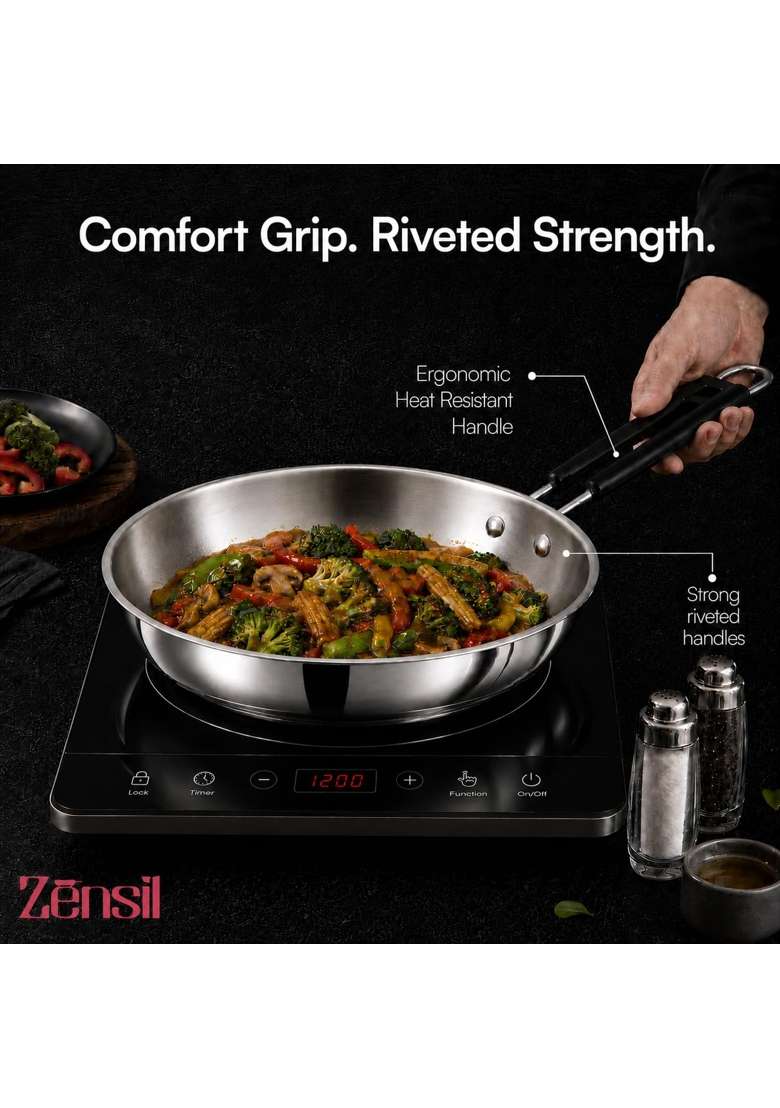 ZENSIL Triply Stainless Steel Fry Pan | 1.8 L | 1.9 Qt | 26 cm | 10.2 Inch | Heavy Bottom | Non-Toxic - Indya