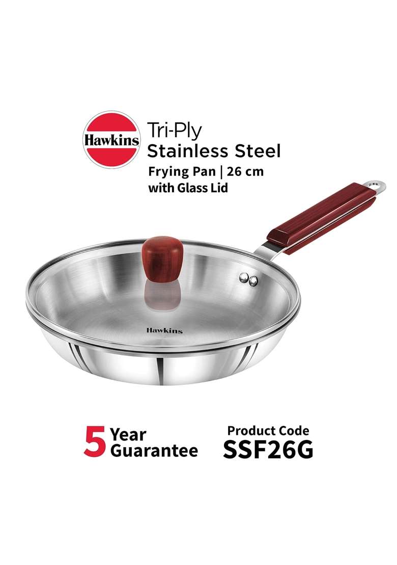 Hawkins Tri-Ply Stainless Steel Frying Pan with Glass Lid Tri-Ply Stainless Steel | 2.5 L | 2.6 Qt | 26 cm | 10.2 Inch - Indya
