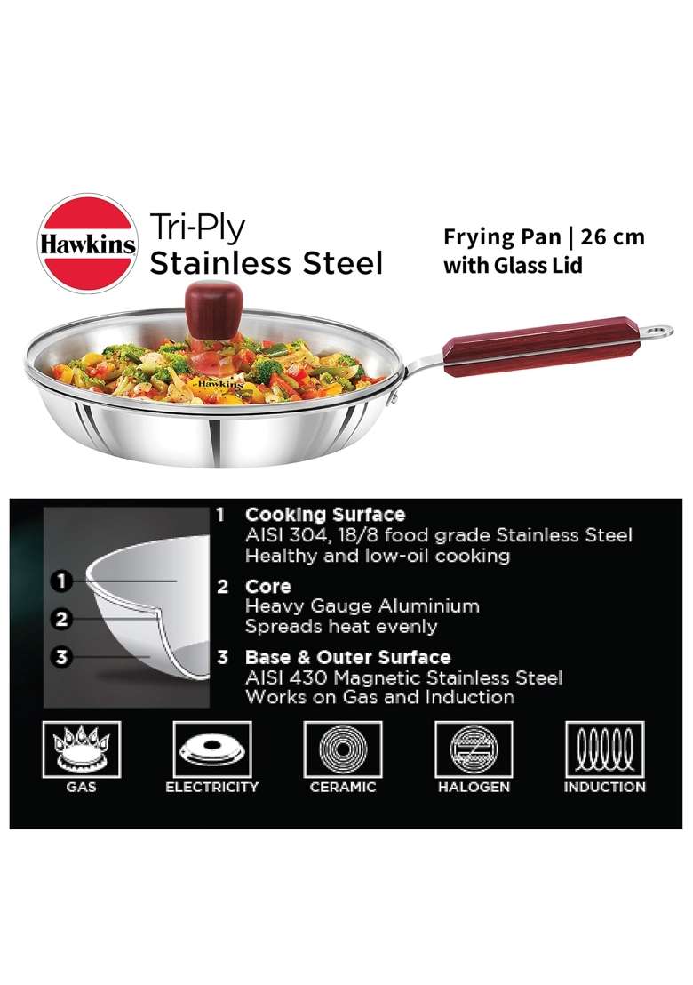 Hawkins Tri-Ply Stainless Steel Frying Pan with Glass Lid Tri-Ply Stainless Steel | 2.5 L | 2.6 Qt | 26 cm | 10.2 Inch - Indya