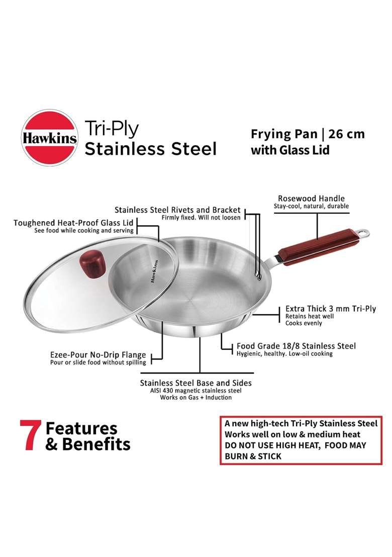 Hawkins Tri-Ply Stainless Steel Frying Pan with Glass Lid Tri-Ply Stainless Steel | 2.5 L | 2.6 Qt | 26 cm | 10.2 Inch - Indya