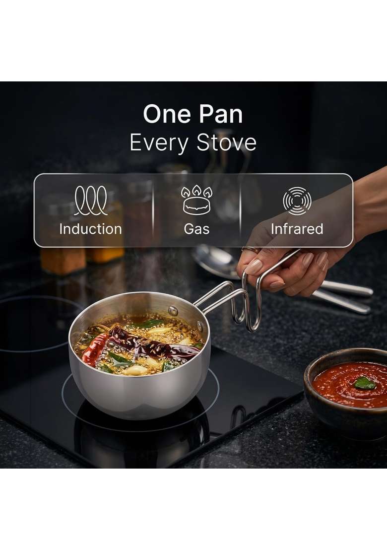AGARO Regency Triply Stainless Steel Tadka Pan | 350 ml | 11.8 fl oz | 13 cm | 5.1 Inch | Induction Compatible | Dishwasher Safe | Non-Toxic - Indya