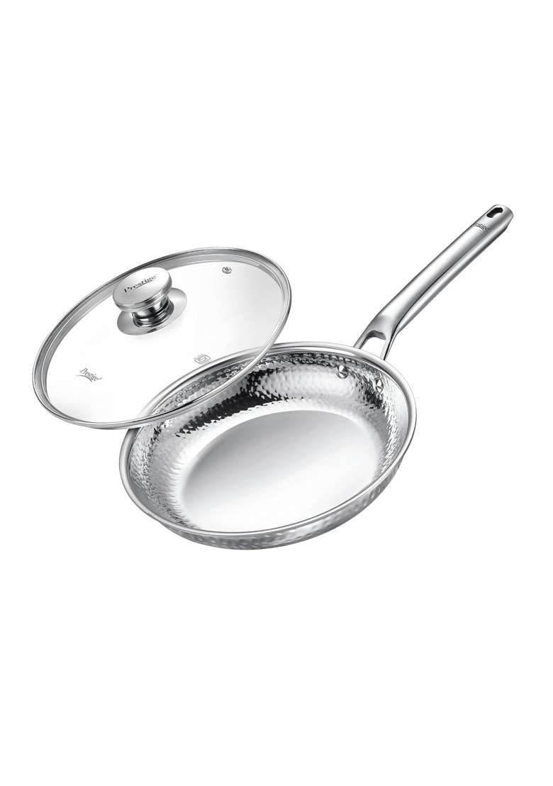 Prestige Tri Ply Hammered Stainless Steel Fry Pan Dia with Glass Lid | 1 L | 1.1 Qt | 20 cm | 7.9 Inch - Indya