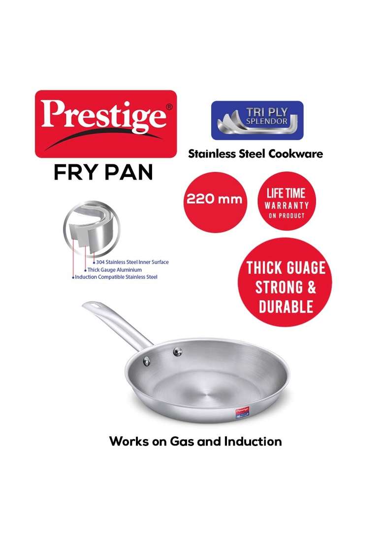 Prestige Tri-Ply Stainless Steel Splendor Fry Pan | 1.2 L | 1.3 Qt | 22 cm | 8.7 Inch | Induction Compatible - Indya