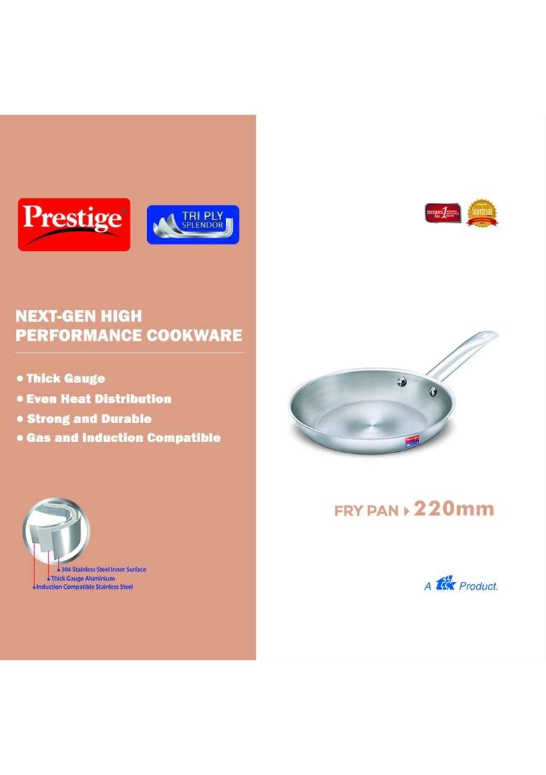 Prestige Tri-Ply Stainless Steel Splendor Fry Pan | 1.2 L | 1.3 Qt | 22 cm | 8.7 Inch | Induction Compatible - Indya