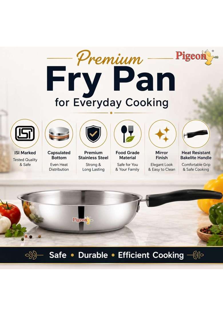 Pigeon -Triply Stainless Steel Frypan | 20 cm | 7.9 Inch | Induction Compatible | Heavy Bottom - Indya
