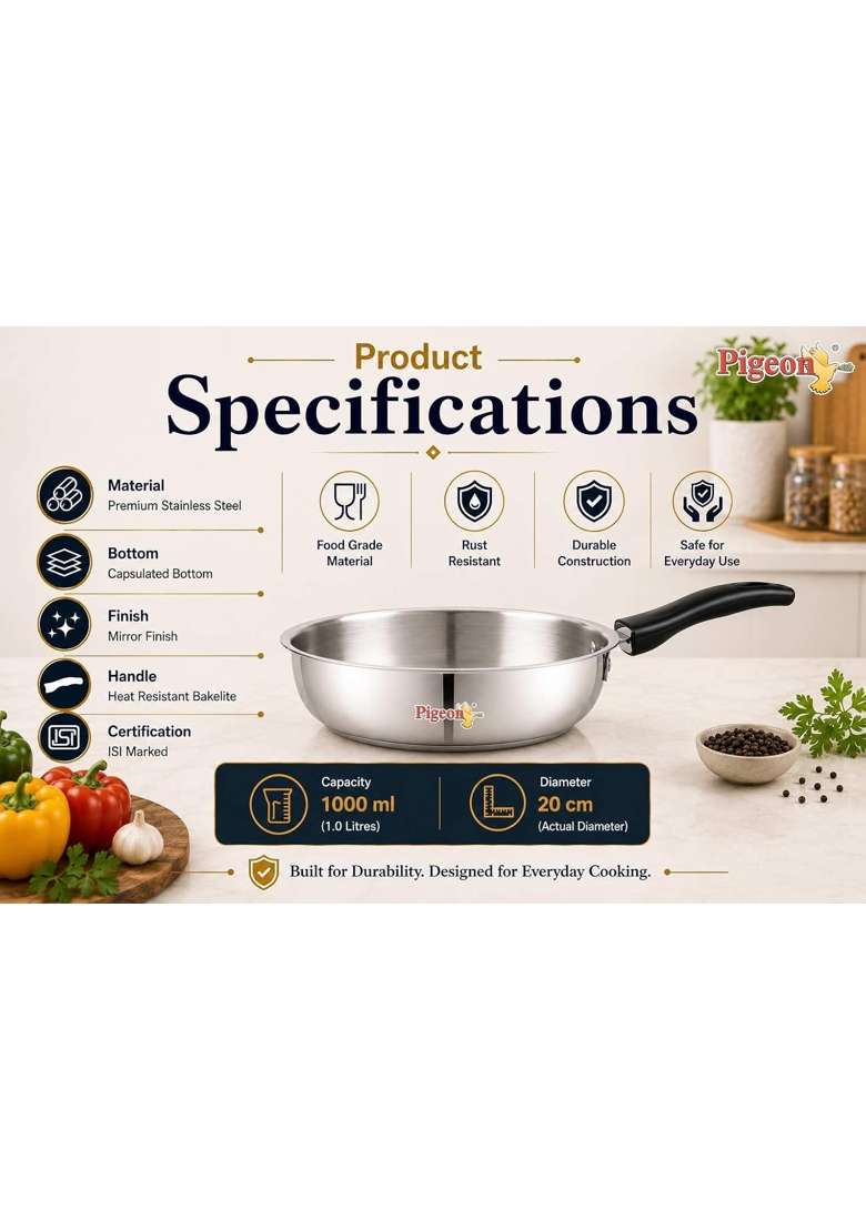 Pigeon -Triply Stainless Steel Frypan | 20 cm | 7.9 Inch | Induction Compatible | Heavy Bottom - Indya