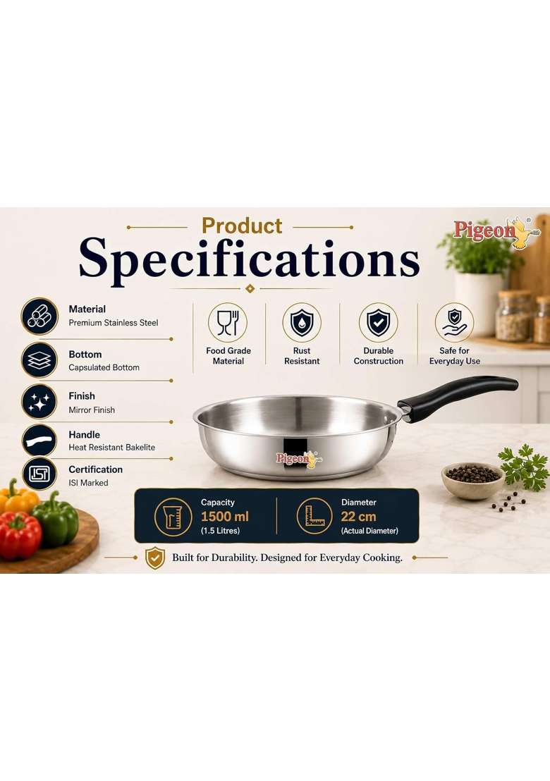 Pigeon -Triply Stainless Steel Frypan | 22 cm | 8.7 Inch | Induction Compatible | Heavy Bottom - Indya