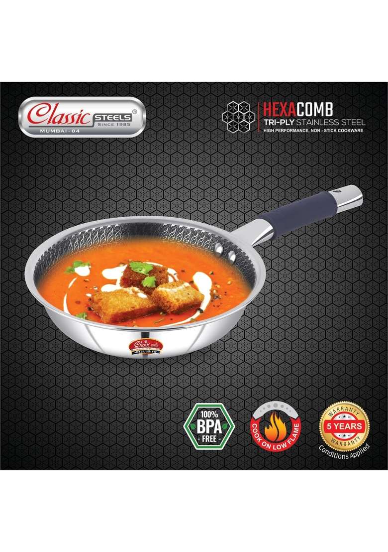 Classic Steels Hexa Comb Triply Frypan Without Lid | 1.5 L | 1.6 Qt | 22 cm | 8.7 Inch | Induction Compatible | Non-Stick - Indya