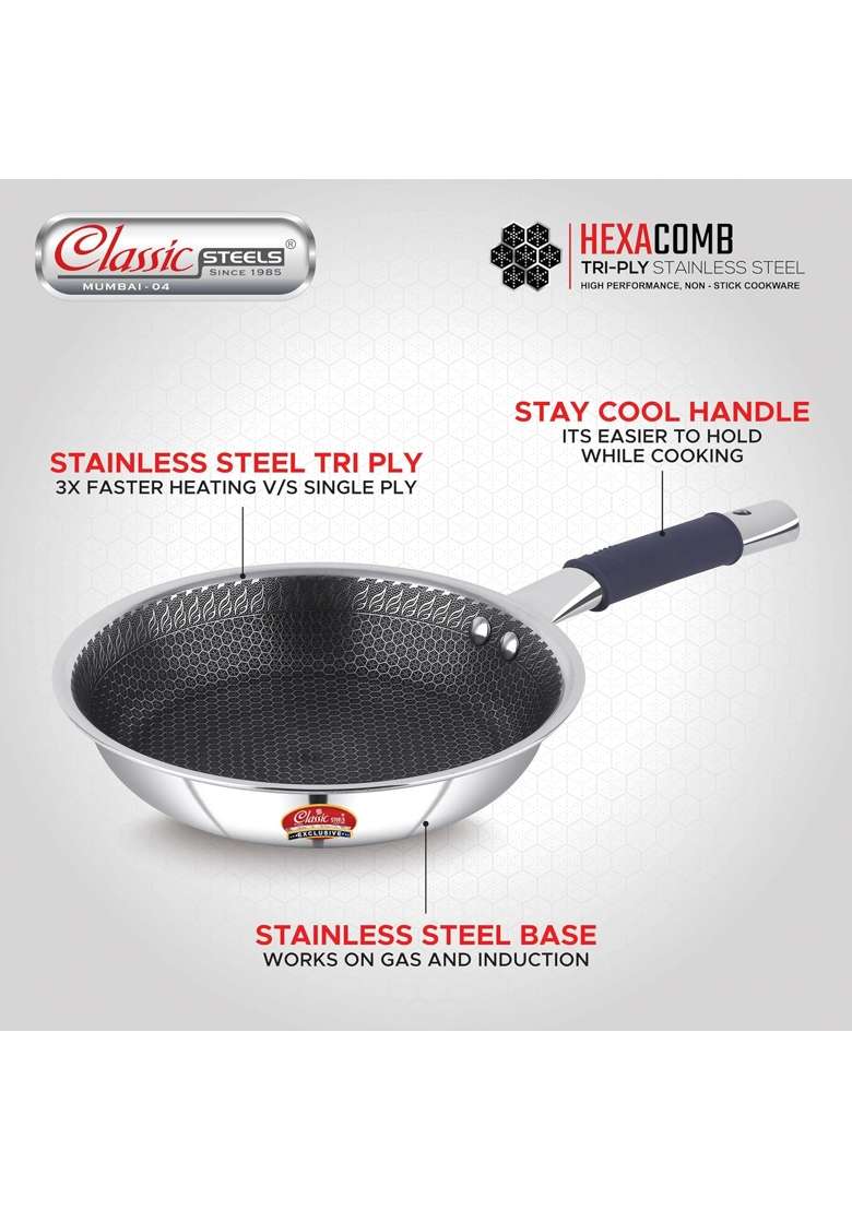 Classic Steels Hexa Comb Triply Frypan Without Lid | 1.5 L | 1.6 Qt | 22 cm | 8.7 Inch | Induction Compatible | Non-Stick - Indya