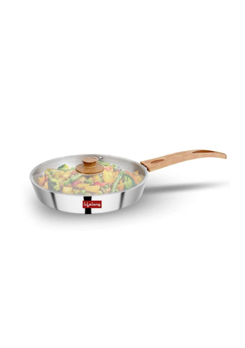 Lifelong Triply Fry Pan with Glass Lid for Cooking | 1 L | 1.1 Qt | 20 cm | 7.9 Inch | Induction Compatible - Indya