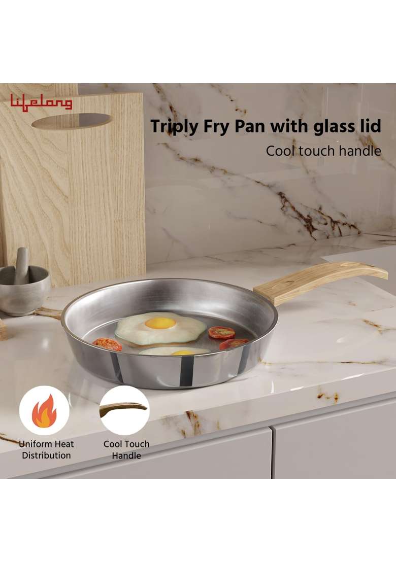 Lifelong Triply Fry Pan with Glass Lid for Cooking | 1 L | 1.1 Qt | 20 cm | 7.9 Inch | Induction Compatible - Indya