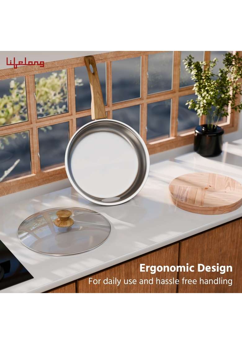 Lifelong Triply Fry Pan with Glass Lid for Cooking | 1 L | 1.1 Qt | 20 cm | 7.9 Inch | Induction Compatible - Indya