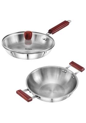 Hawkins Triply Extra-Thick Stainless Steel Frying Pan with Lid and Kadhai Wok Without Lid | 2.5 L | 2.6 Qt | 24 cm | 9.4 Inch