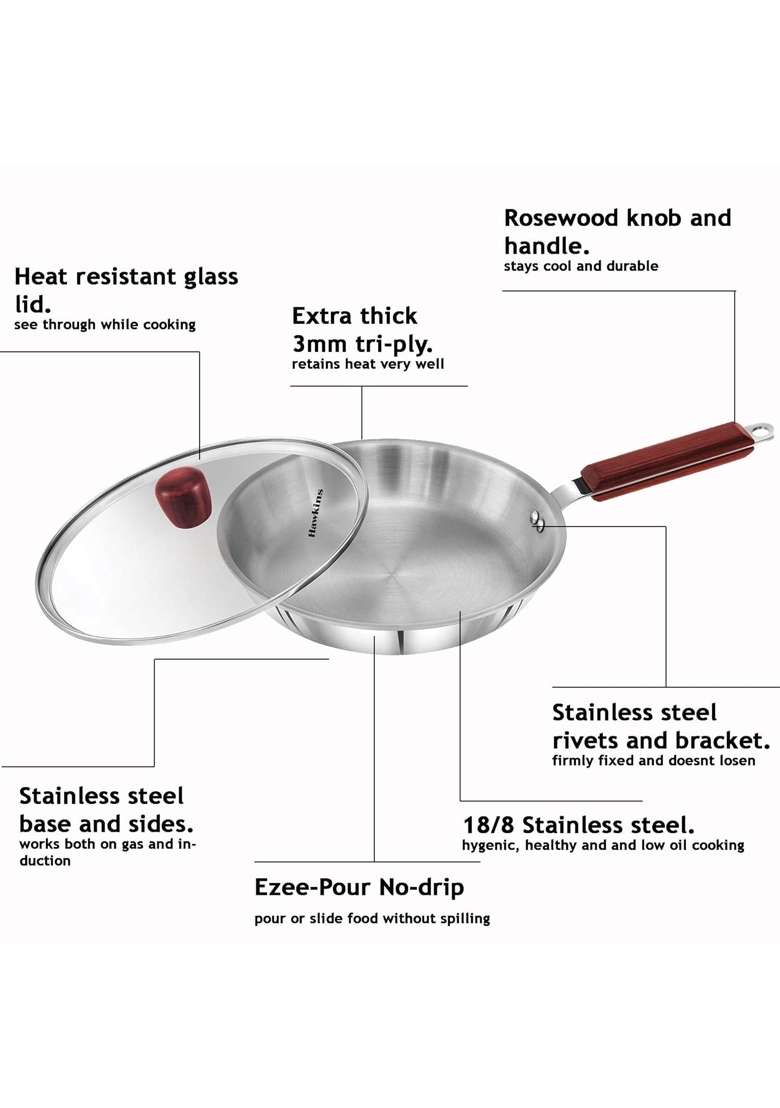 Hawkins Triply Extra-Thick Stainless Steel Frying Pan with Lid and Kadhai Wok Without Lid | 2.5 L | 2.6 Qt | 24 cm | 9.4 Inch - Indya
