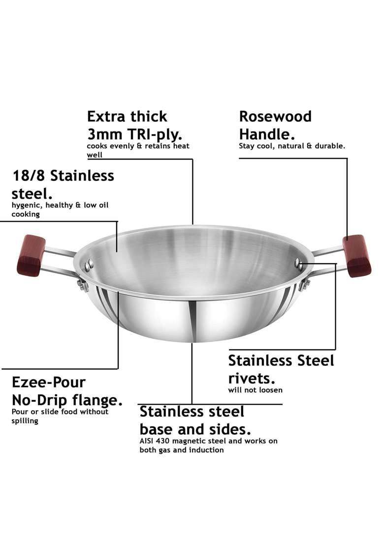 Hawkins Triply Extra-Thick Stainless Steel Frying Pan with Lid and Kadhai Wok Without Lid | 2.5 L | 2.6 Qt | 24 cm | 9.4 Inch - Indya