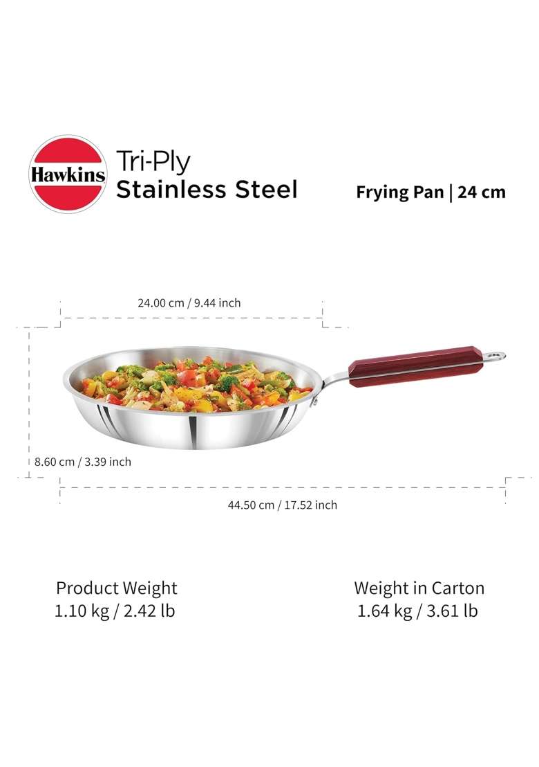 Hawkins Triply Extra-Thick Stainless Steel Frying Pan with Lid and Kadhai Wok Without Lid | 2.5 L | 2.6 Qt | 24 cm | 9.4 Inch - Indya