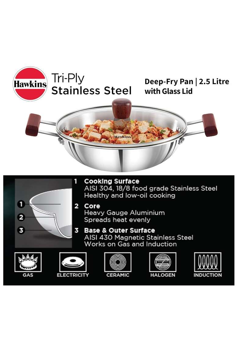 Hawkins Tri-Ply Stainless Steel Induction Compatible Deep-Fry Pan with Glass Lid | 2.5 L | 2.6 Qt | 22 cm | 8.7 Inch - Indya