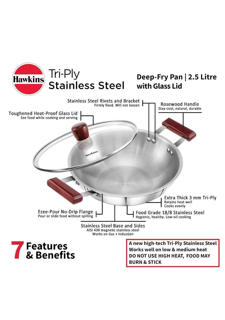 Hawkins Tri-Ply Stainless Steel Induction Compatible Deep-Fry Pan with Glass Lid | 2.5 L | 2.6 Qt | 22 cm | 8.7 Inch - Indya