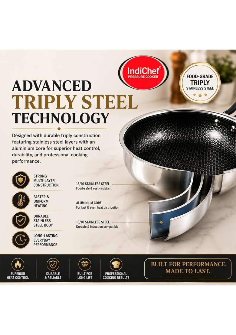 IndiChef Triply Stainless Steel Fry Pan | 1 L | 1.1 Qt | Induction Compatible - Indya