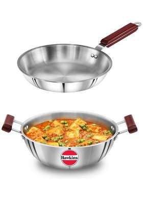 Hawkins Triply Extra-Thick Stainless Steel Frying Pan and Deep Kadhai Wok 4 LTS | 24 cm | 9.4 Inch