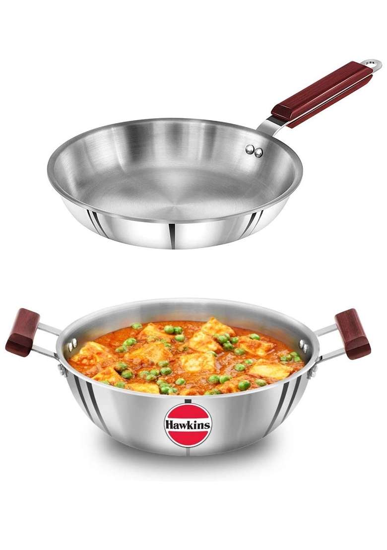 Hawkins Triply Extra-Thick Stainless Steel Frying Pan and Deep Kadhai Wok 4 LTS | 24 cm | 9.4 Inch - Indya